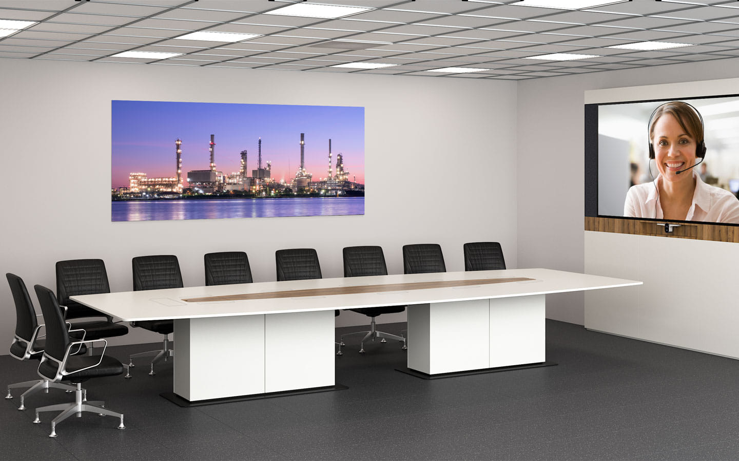 Leitstand-Möbel: Umfeldmöblierung für Konferenzraum mit Konferenztisch und Videocall-System vom Hersteller Xecuris