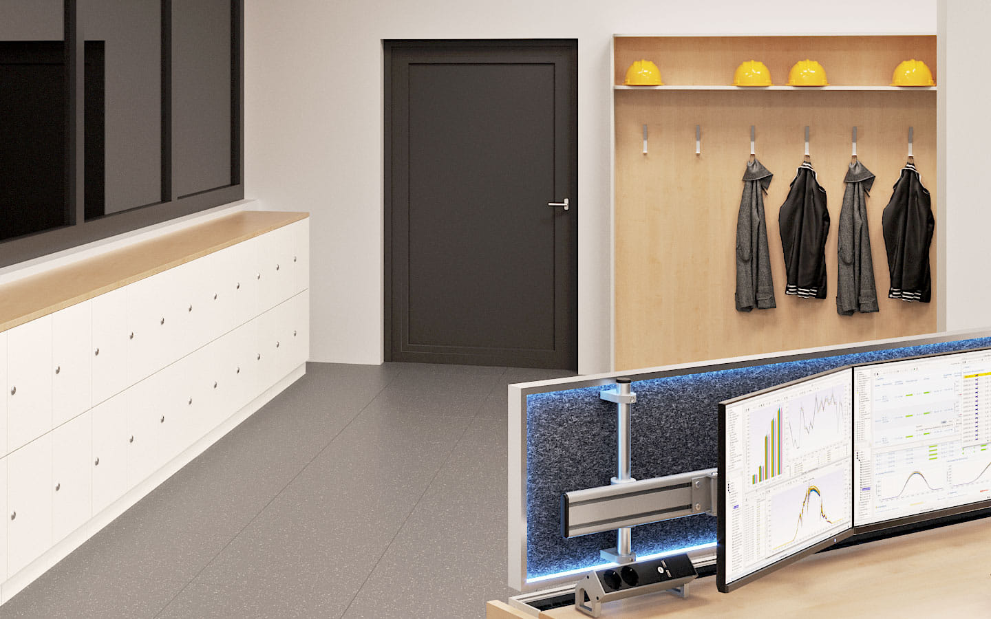 Leitstand-Möbel: Spindschränke und Garderobe mit Helmablage für Leitstand und Leitwarte